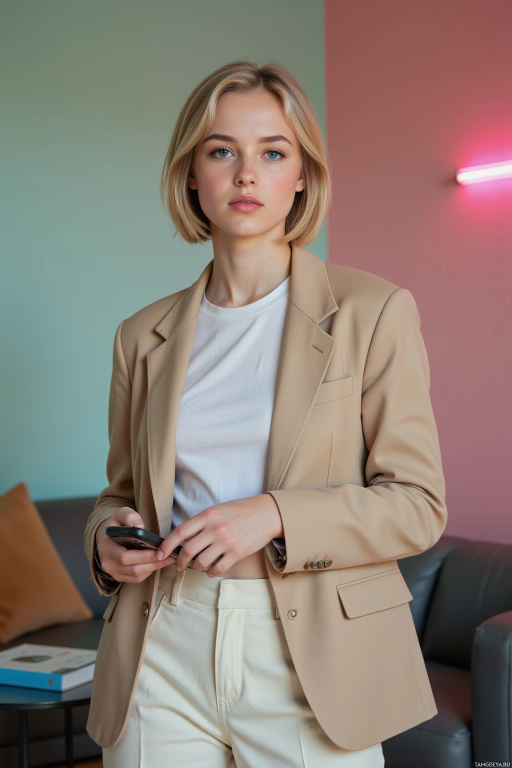 A woman in a beige blazer and white pants stands indoors, holding a phone.
