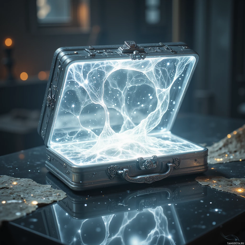 A glowing, intricate pattern emanates from an open, metallic suitcase resting on a reflective surface.