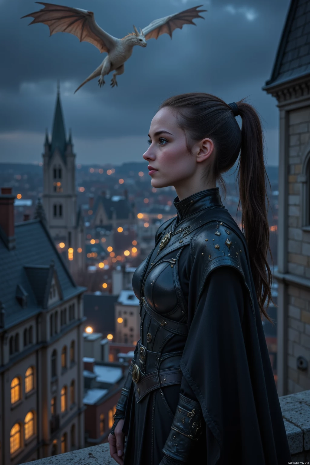 A woman in a leather outfit stands on a rooftop overlooking a cityscape with a dragon flying overhead.