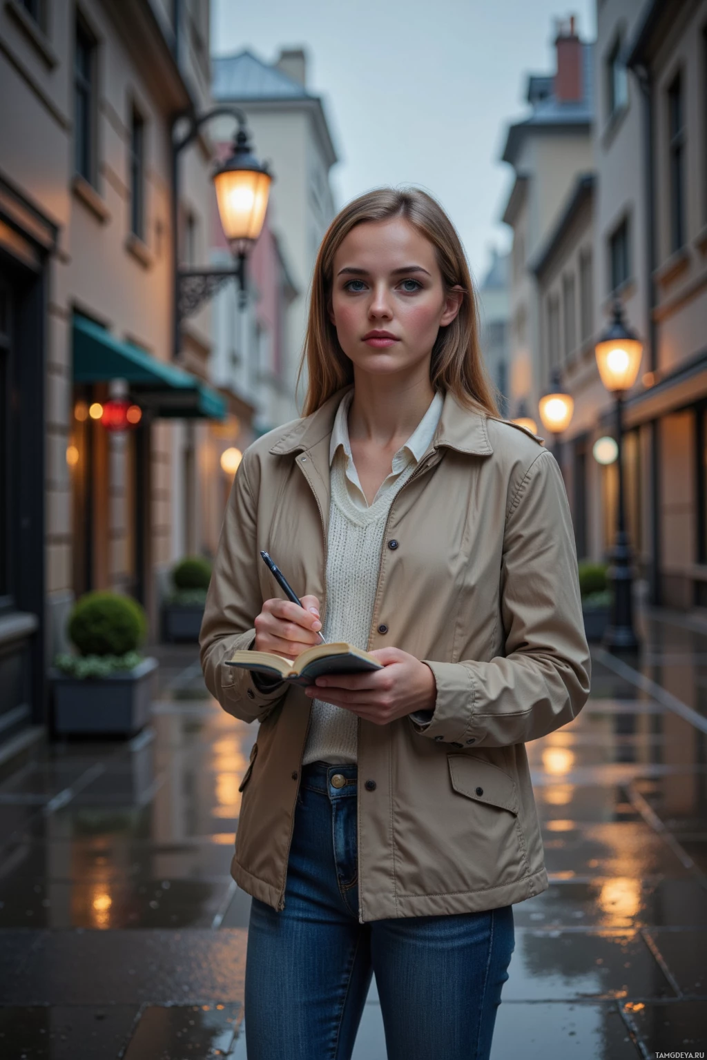 A woman stands in a wet alleyway, holding a notebook and pen, wearing a beige jacket and jeans.