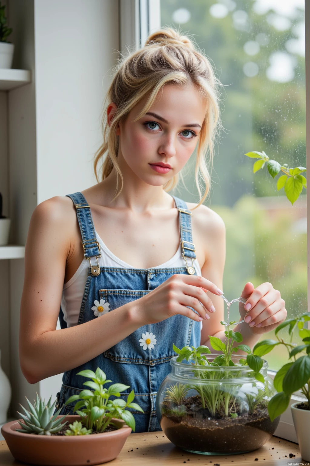 A young woman in denim overalls waters a terrarium plant by a window.