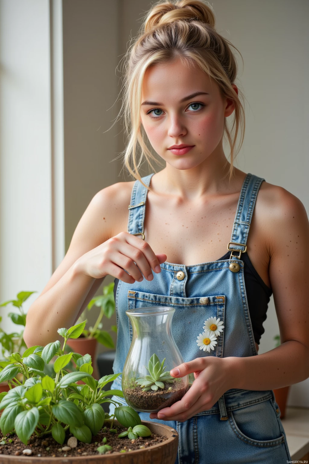 A person wearing denim overalls holds a glass terrarium with a succulent and a small white flower.
