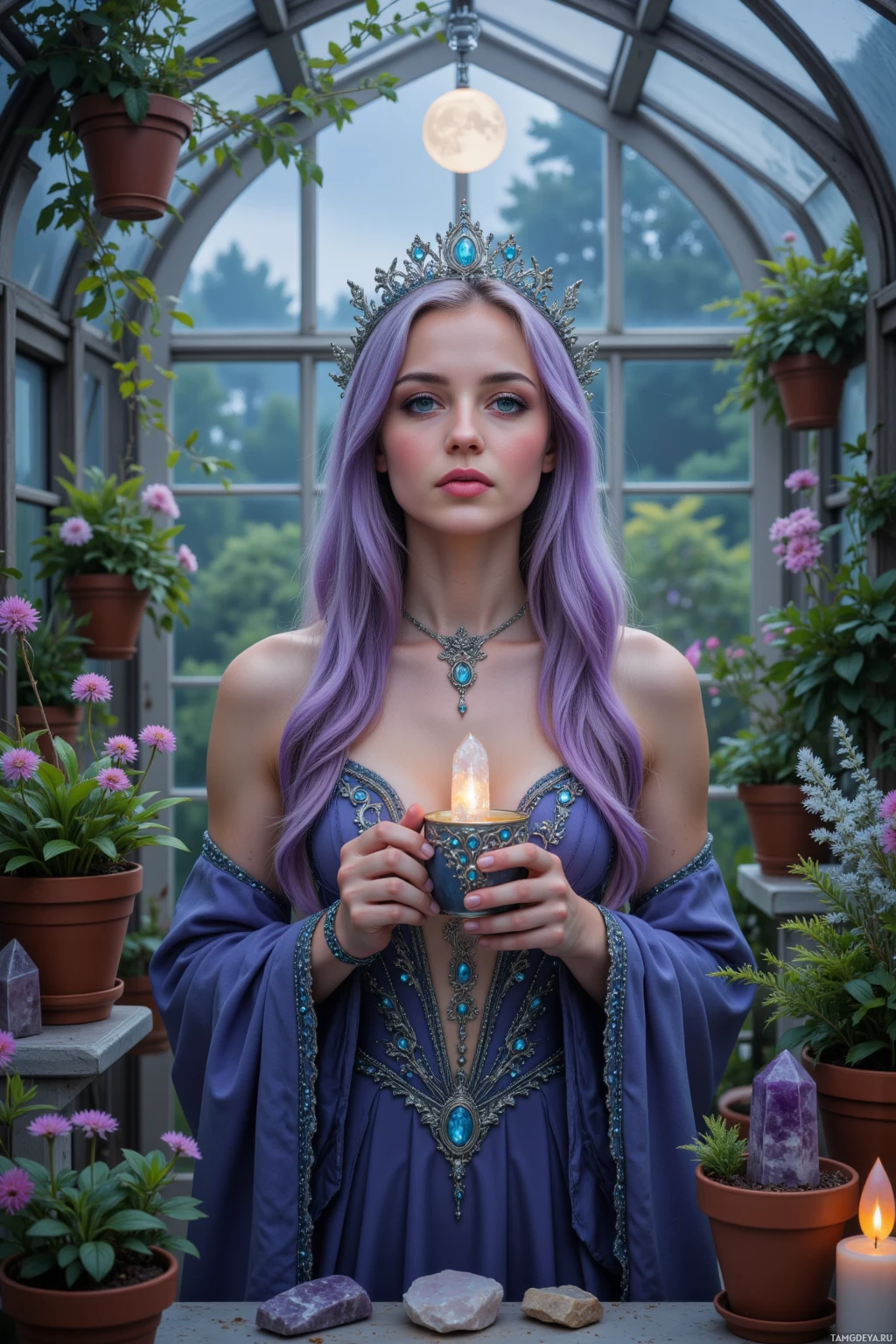 A woman in a blue gown and crown holds a lit candle in a greenhouse setting.