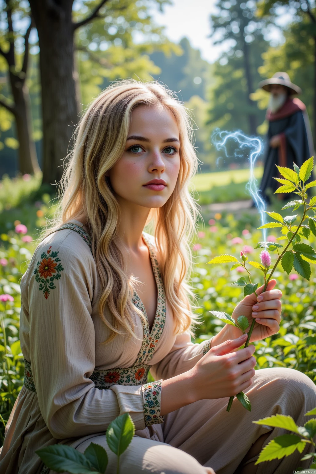 A woman in a floral dress sits in a lush garden, holding a flower.