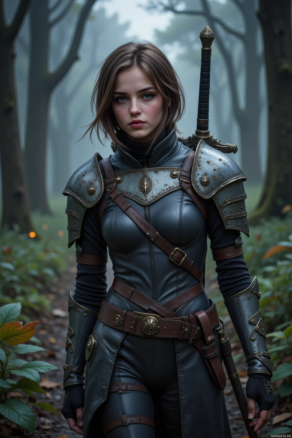A woman in medieval-style armor stands in a misty forest.
