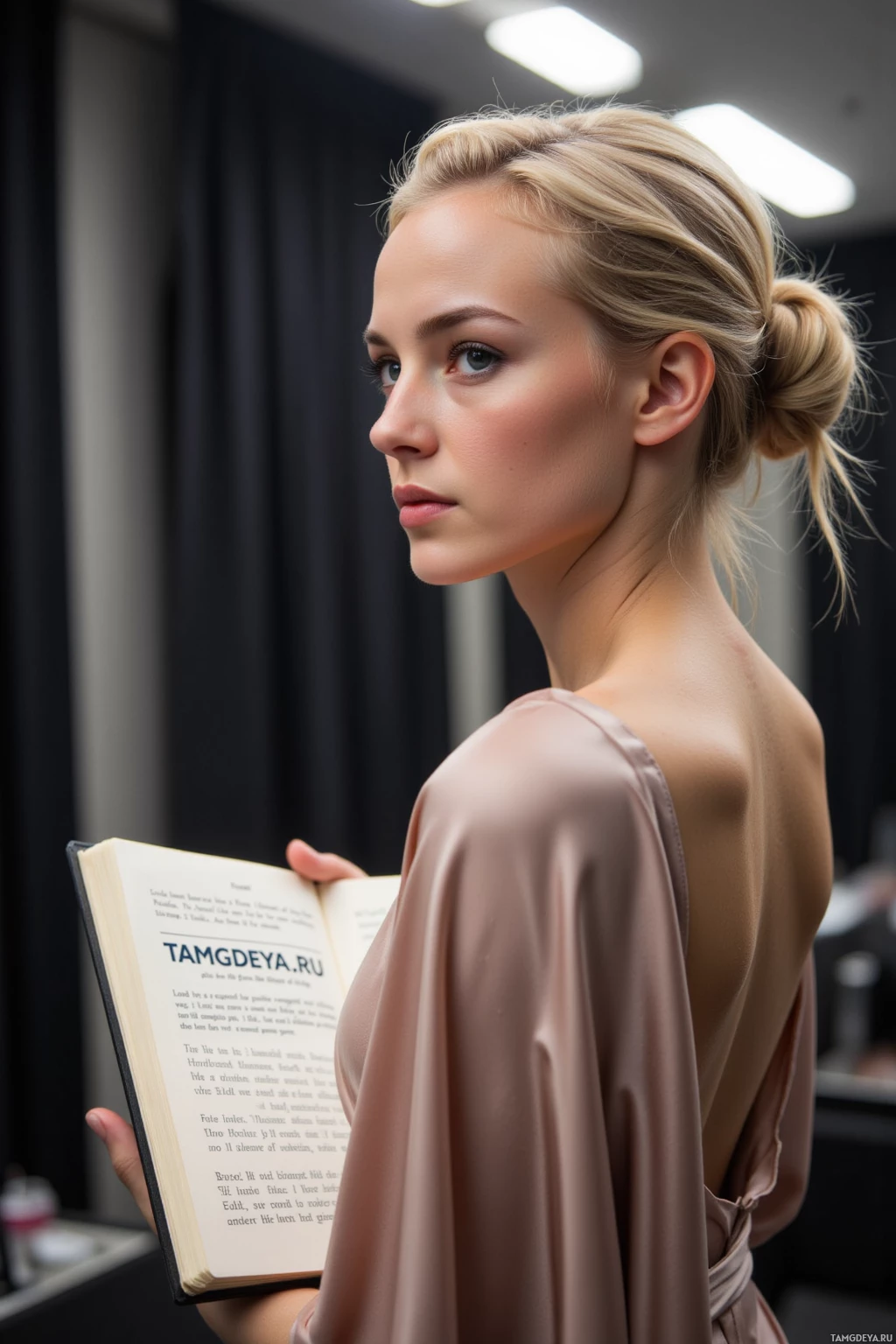 A woman with blonde hair in a bun holds an open book.