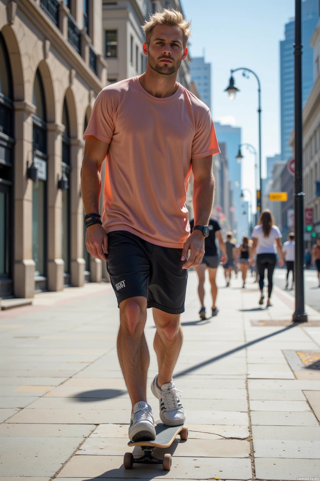 A man skateboards down a city sidewalk on a sunny day.
