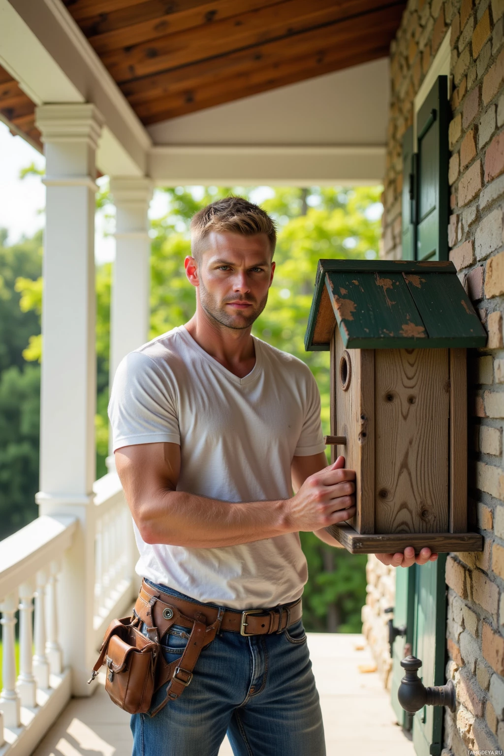 A man stands on a porch holding a wooden birdhouse.