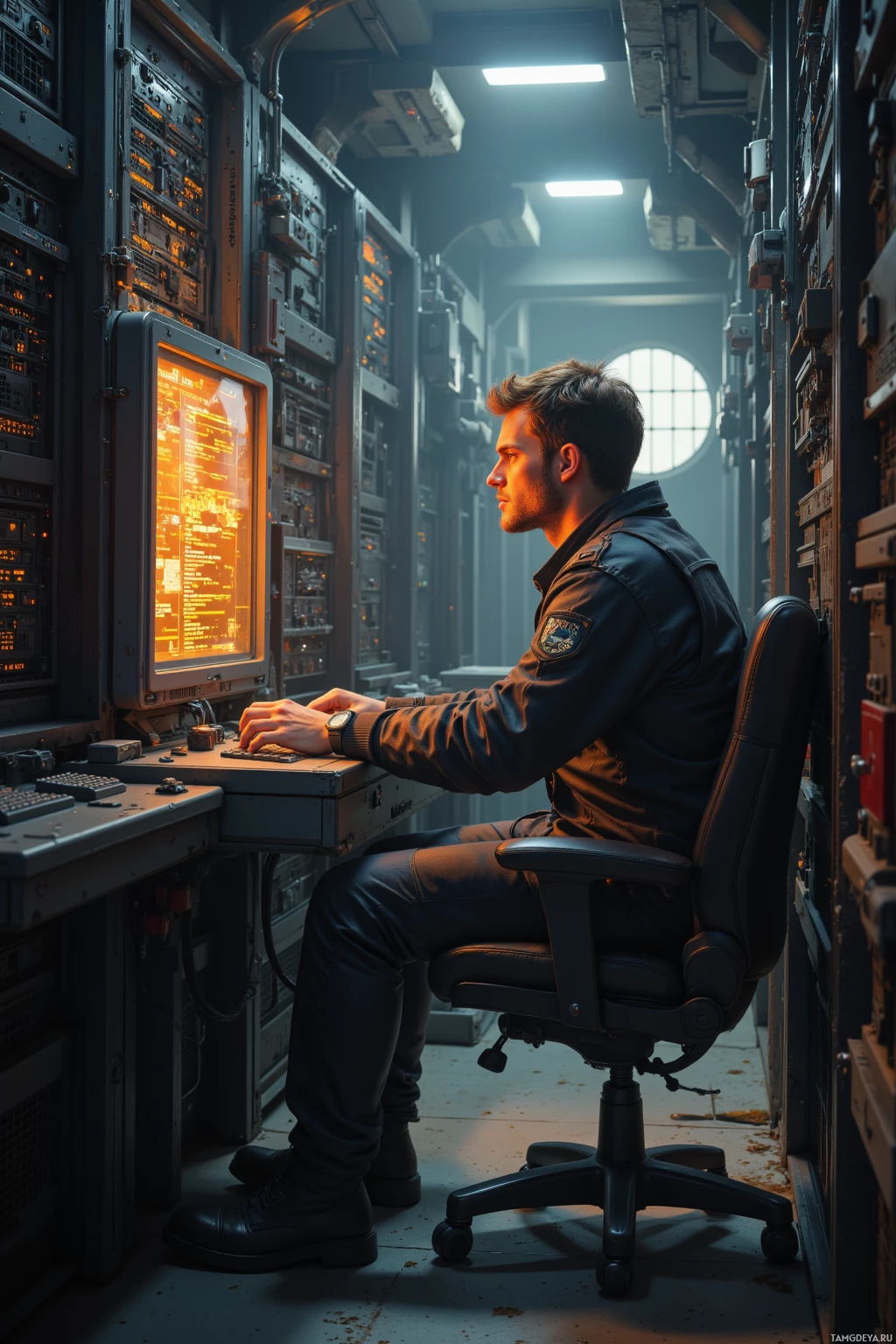 A man in a dark uniform sits at a control panel in a dimly lit, high-tech environment.