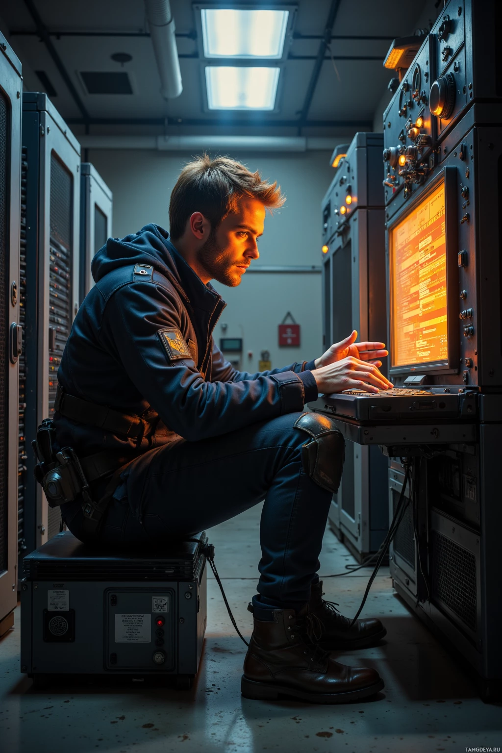 A person in a uniform is working on a computer in a technical setting.
