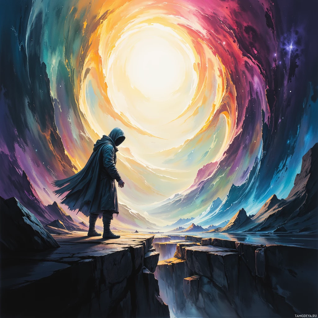 A hooded figure stands on a cliff, gazing at a swirling, colorful vortex in the sky.