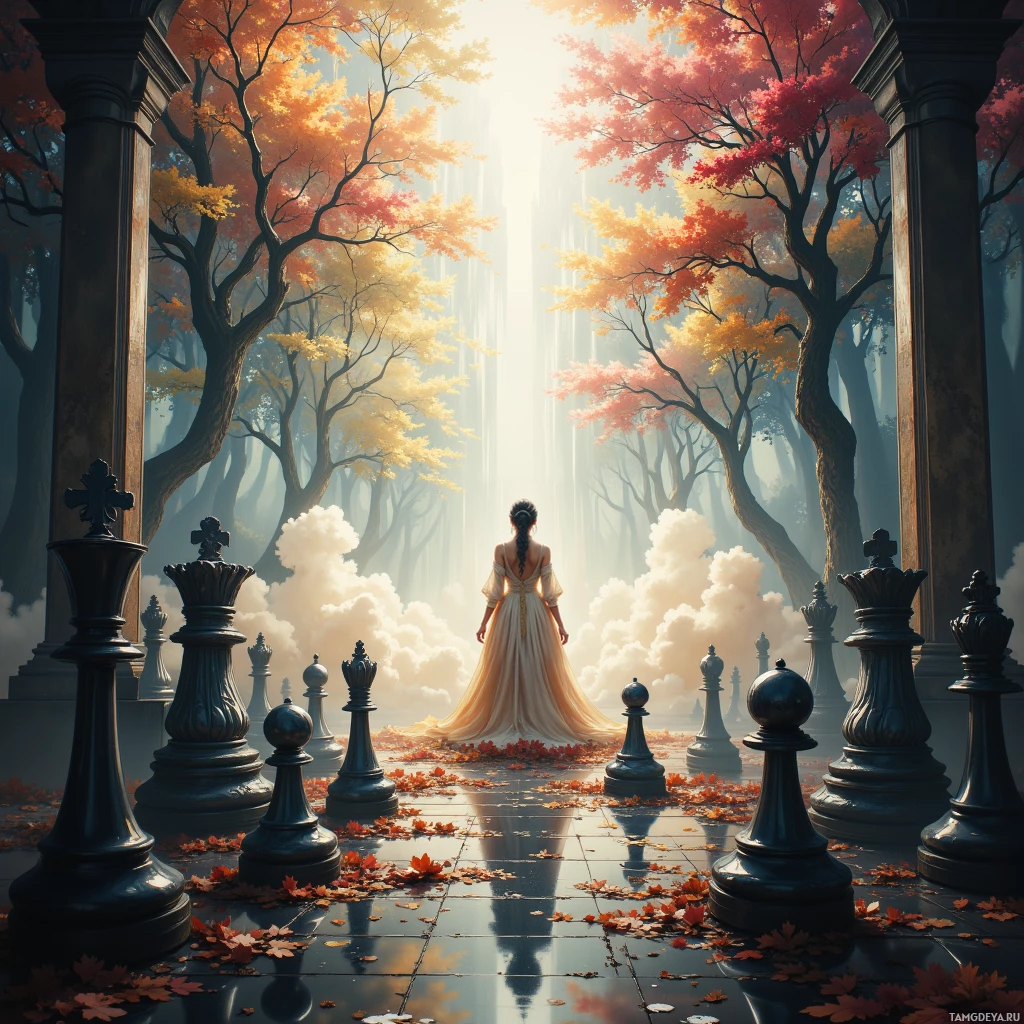 A woman in a flowing dress stands amidst autumn leaves and chess pieces in a serene forest setting.