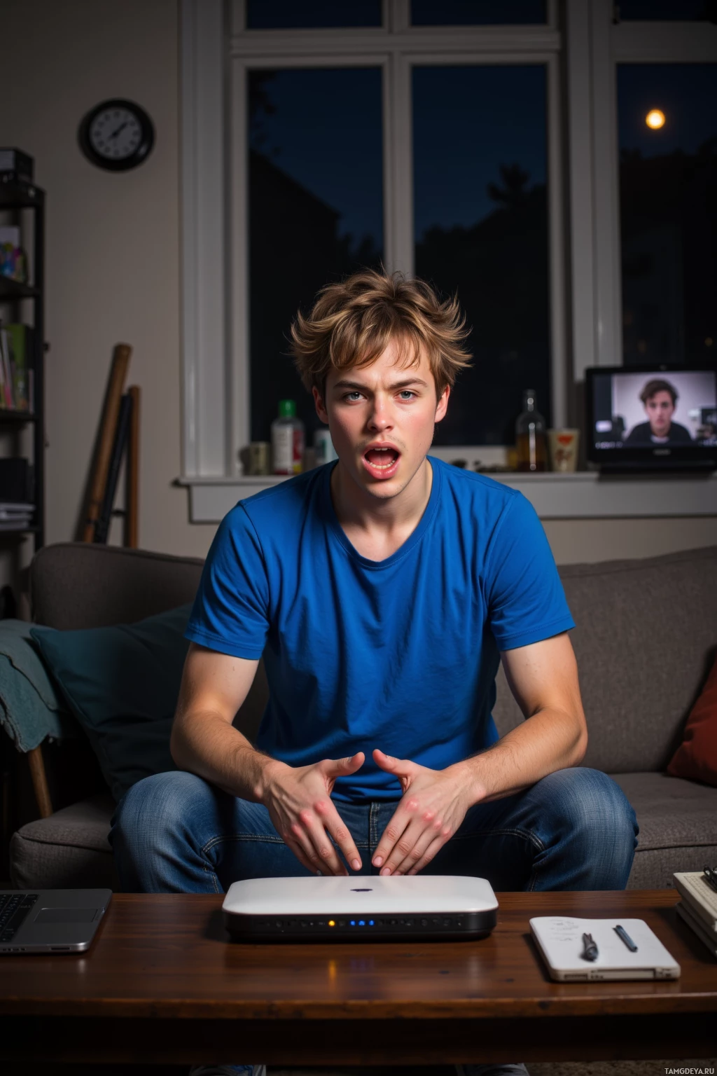 A person in a blue shirt sits on a couch in a dimly lit room, with a laptop and notebook on a table in front of them.