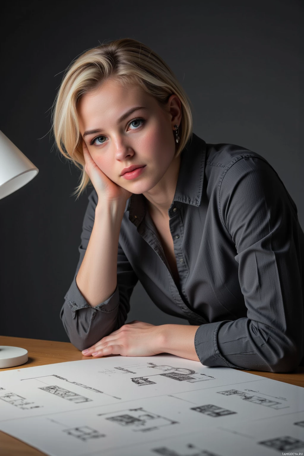 A person in a dark shirt leans on a table with a lamp and a sheet of paper with sketches.