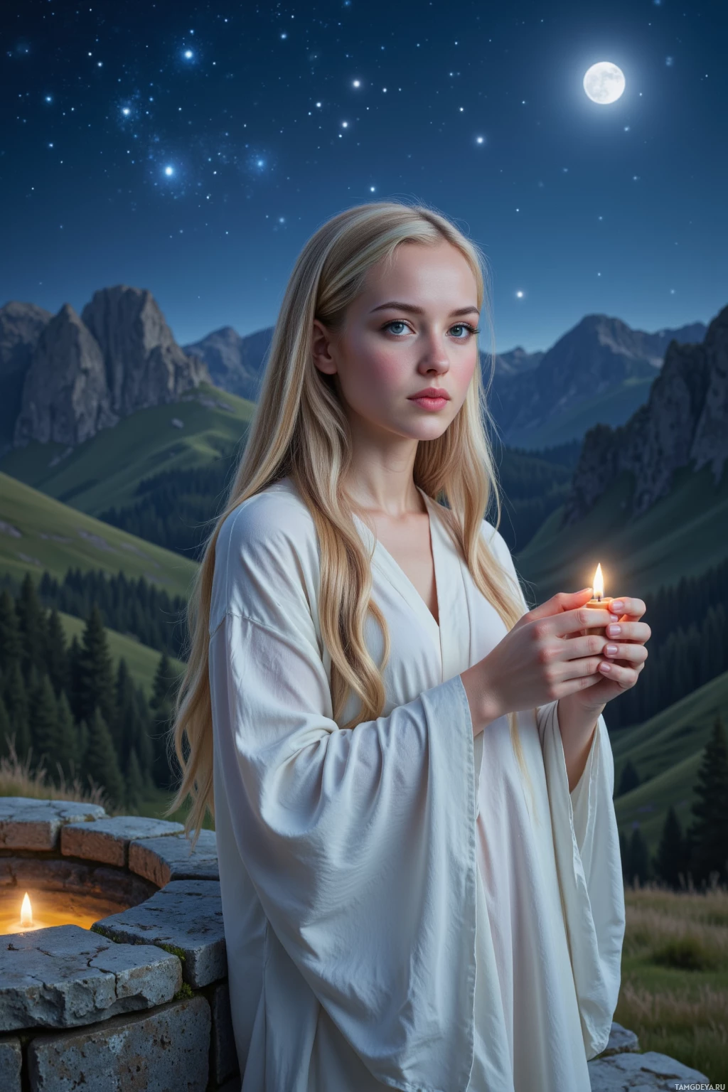 A woman in a white robe holds a lit candle, standing against a backdrop of a starry night sky and mountainous landscape.