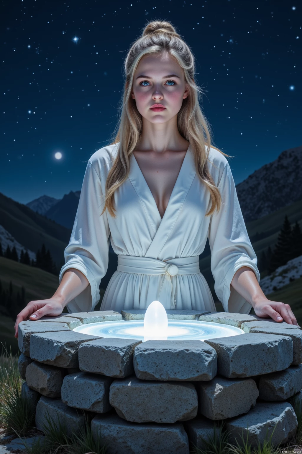 A woman in a white robe stands beside a stone fountain under a starry night sky.