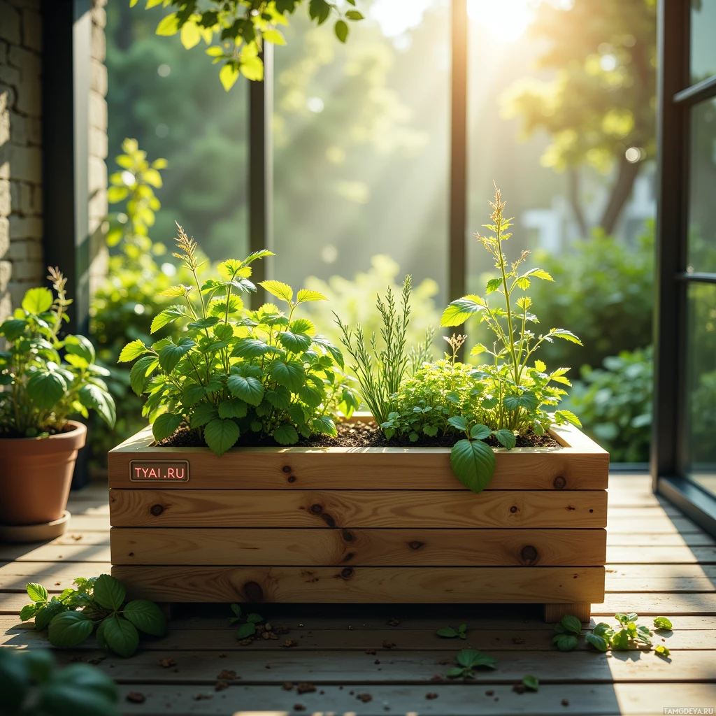 A wooden planter box filled with lush green herbs sits on a wooden deck, bathed in sunlight.