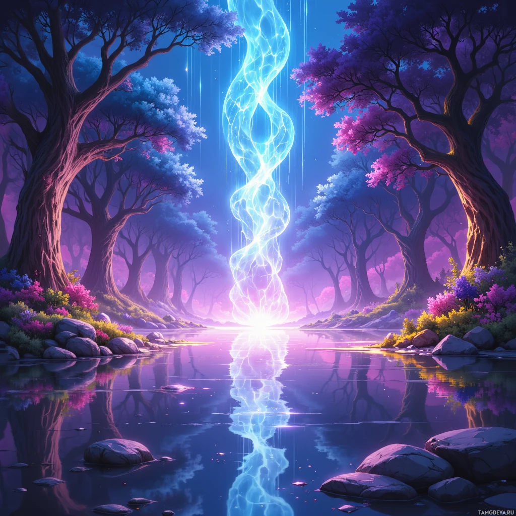 A serene forest scene with glowing blue energy flowing down from the sky, reflecting on a calm body of water.