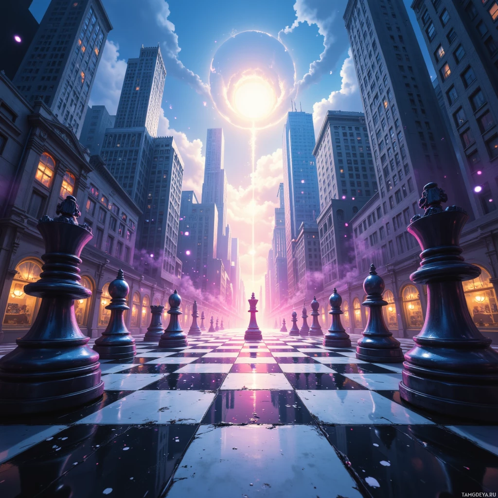 A surreal cityscape with a giant chessboard and chess pieces, set against a glowing celestial orb in the sky.