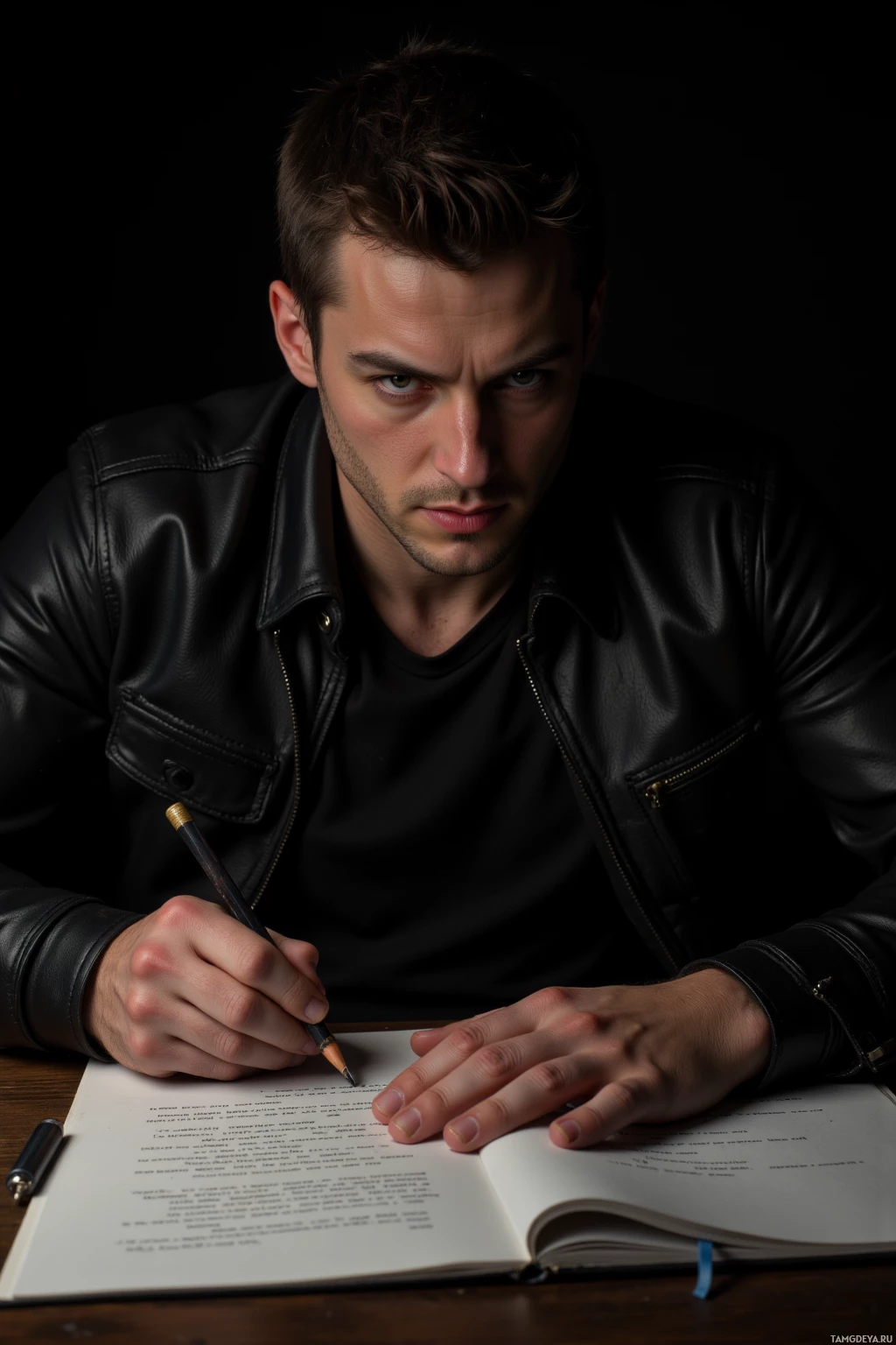 A man in a leather jacket is writing in a notebook with a pencil.
