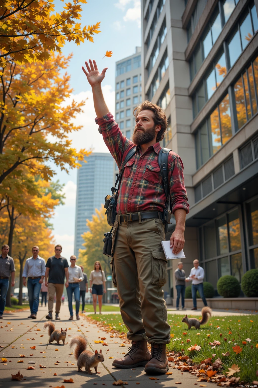 A man in a plaid shirt and cargo pants stands on a sidewalk, reaching up as a squirrel approaches.