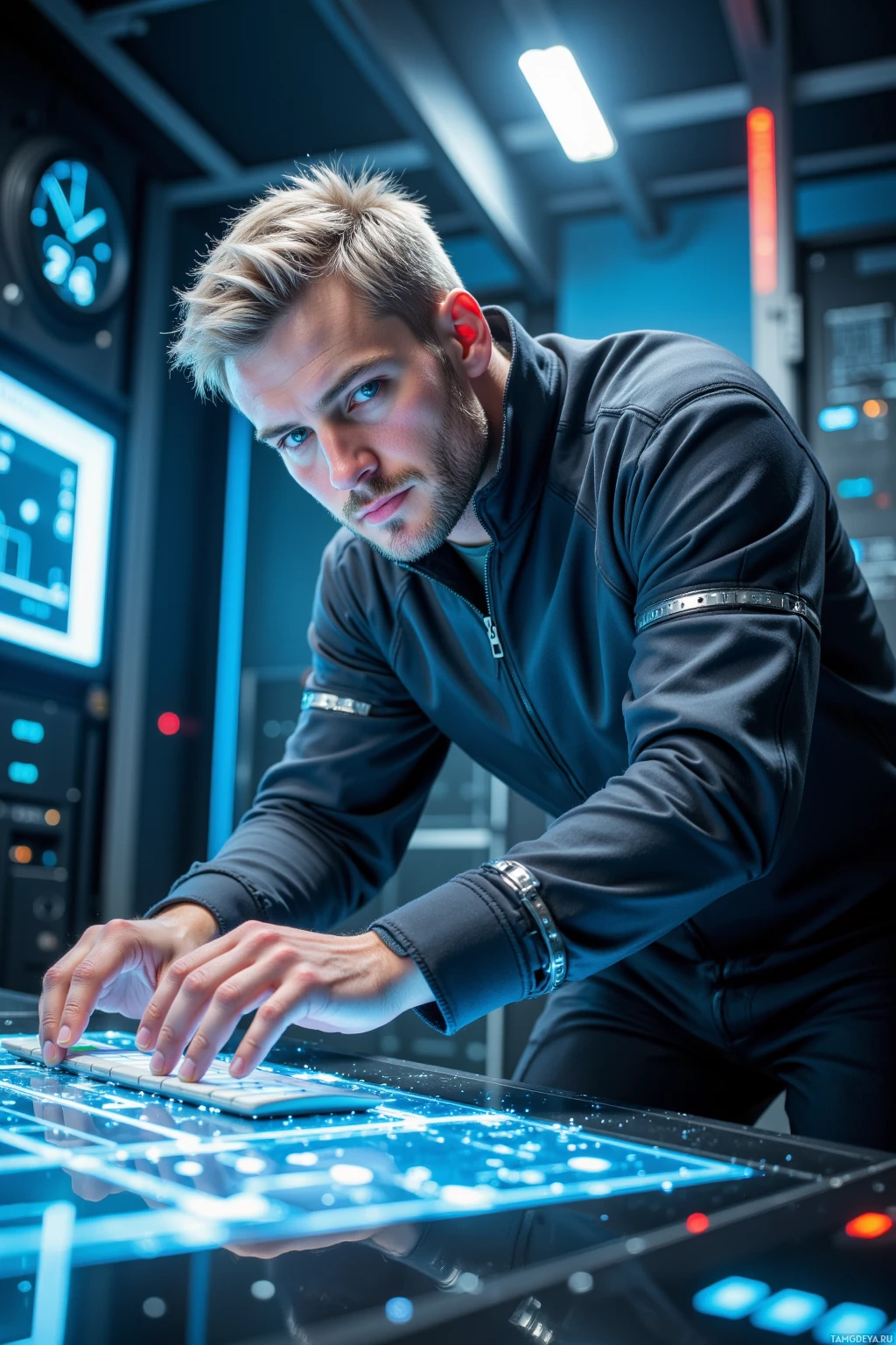 A person in a futuristic setting leans forward, interacting with a glowing, high-tech keyboard.