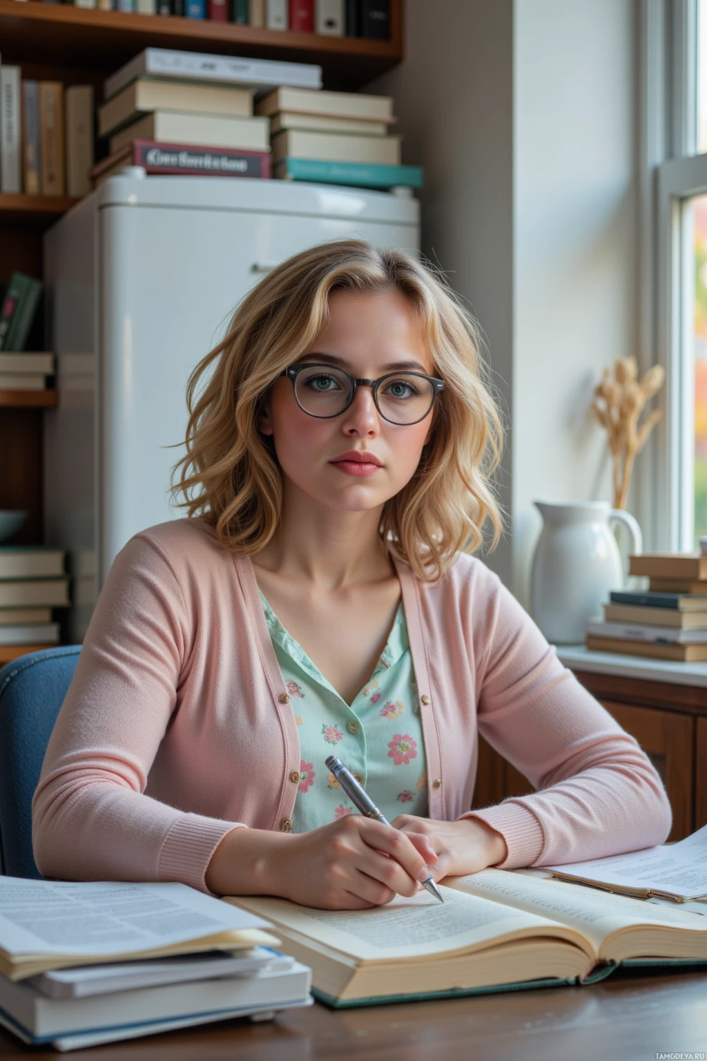A woman sits at a desk with books and a pen, appearing to study or work.