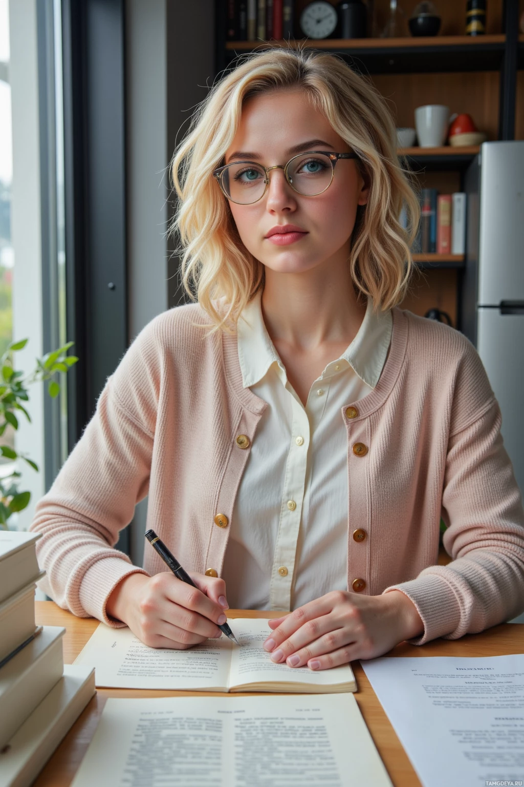 A woman wearing glasses and a cardigan sits at a desk, writing in a notebook.