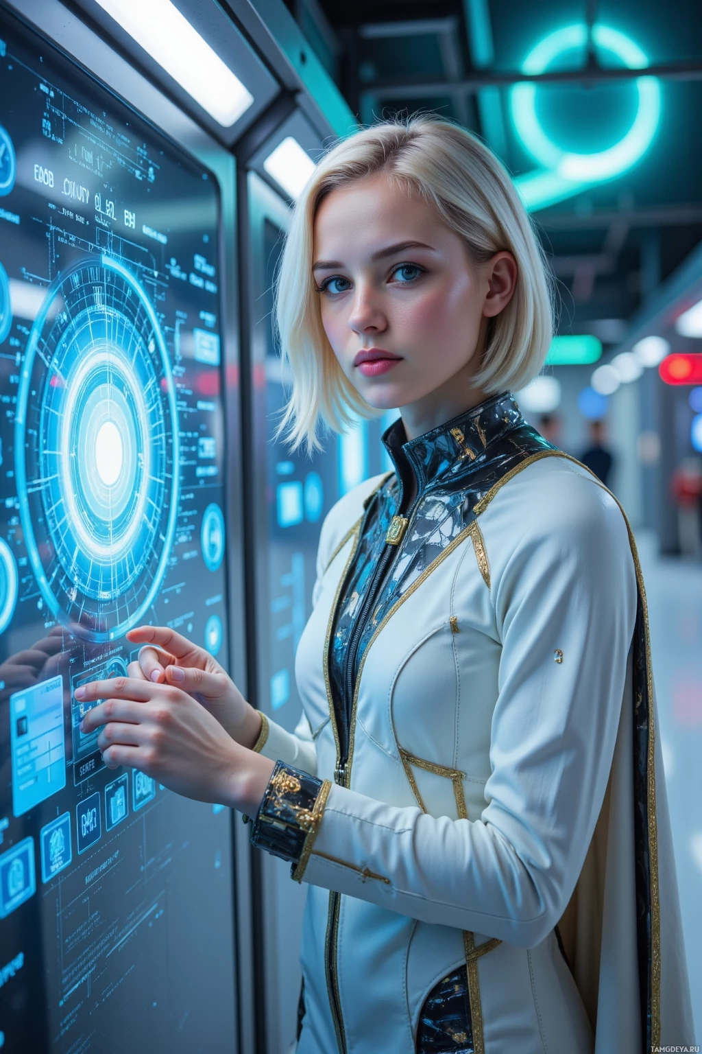 A person in a futuristic outfit interacts with a high-tech interface.