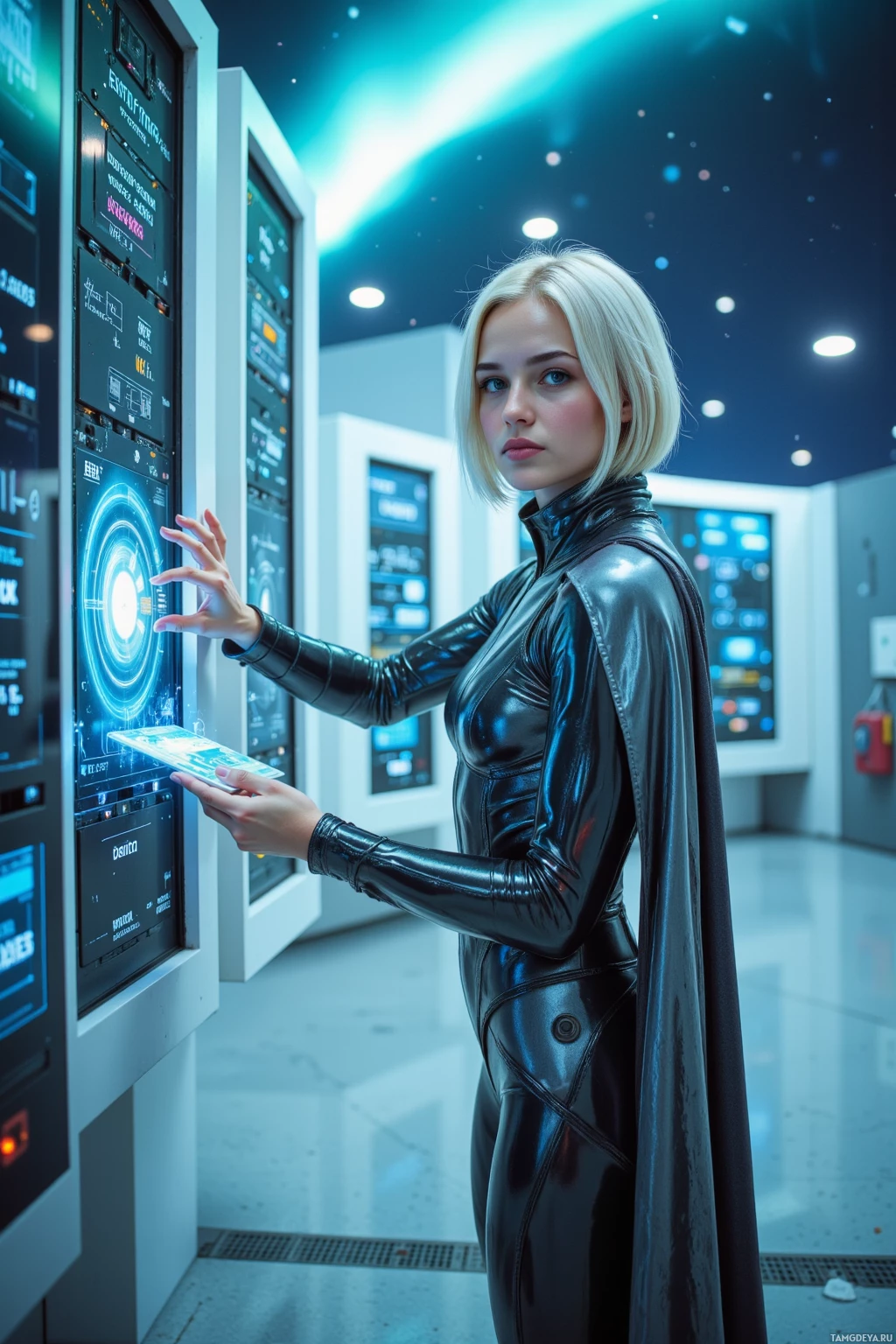 A person in a black, shiny outfit interacts with a futuristic control panel in a high-tech environment.