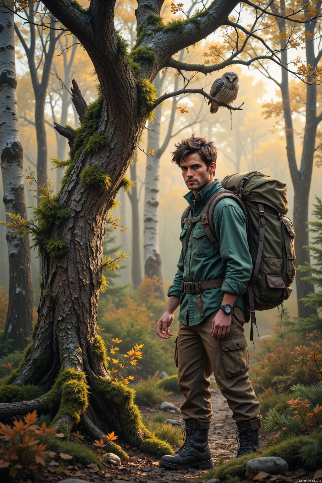 A man in a forest with a backpack and an owl perched on a branch.
