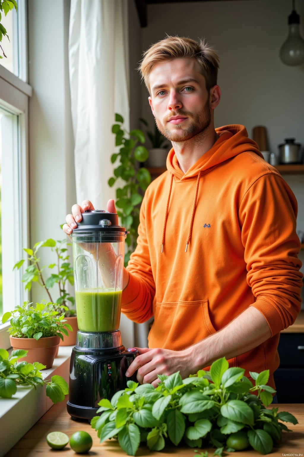 A person in an orange hoodie stands by a blender with a green smoothie, surrounded by fresh herbs and limes.