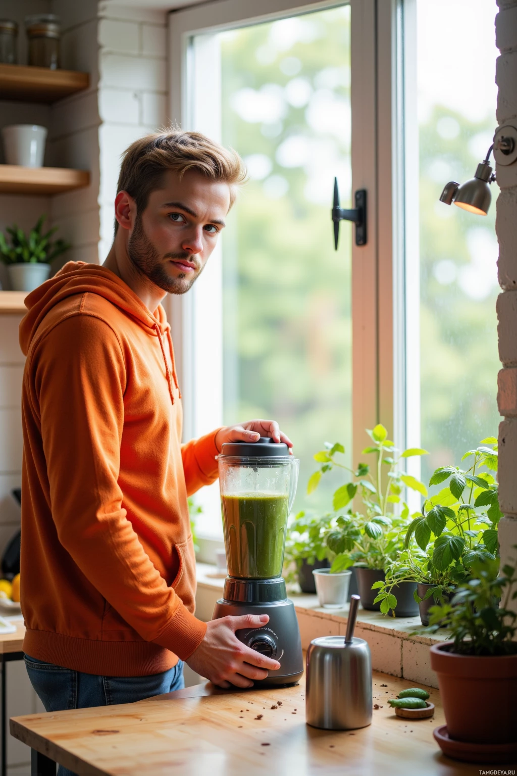 A man in an orange hoodie stands by a window, holding a blender with a green smoothie.