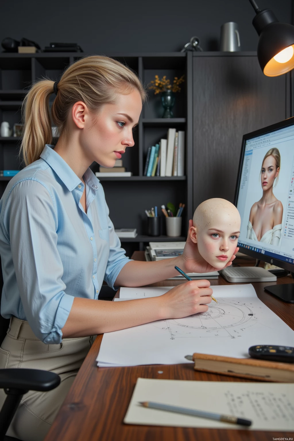 A woman is working at a desk, sketching on paper while looking at a computer screen displaying a digital image.
