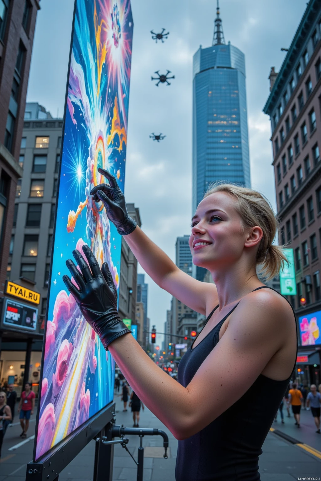 A woman in a black tank top and gloves interacts with a large digital billboard in a cityscape.