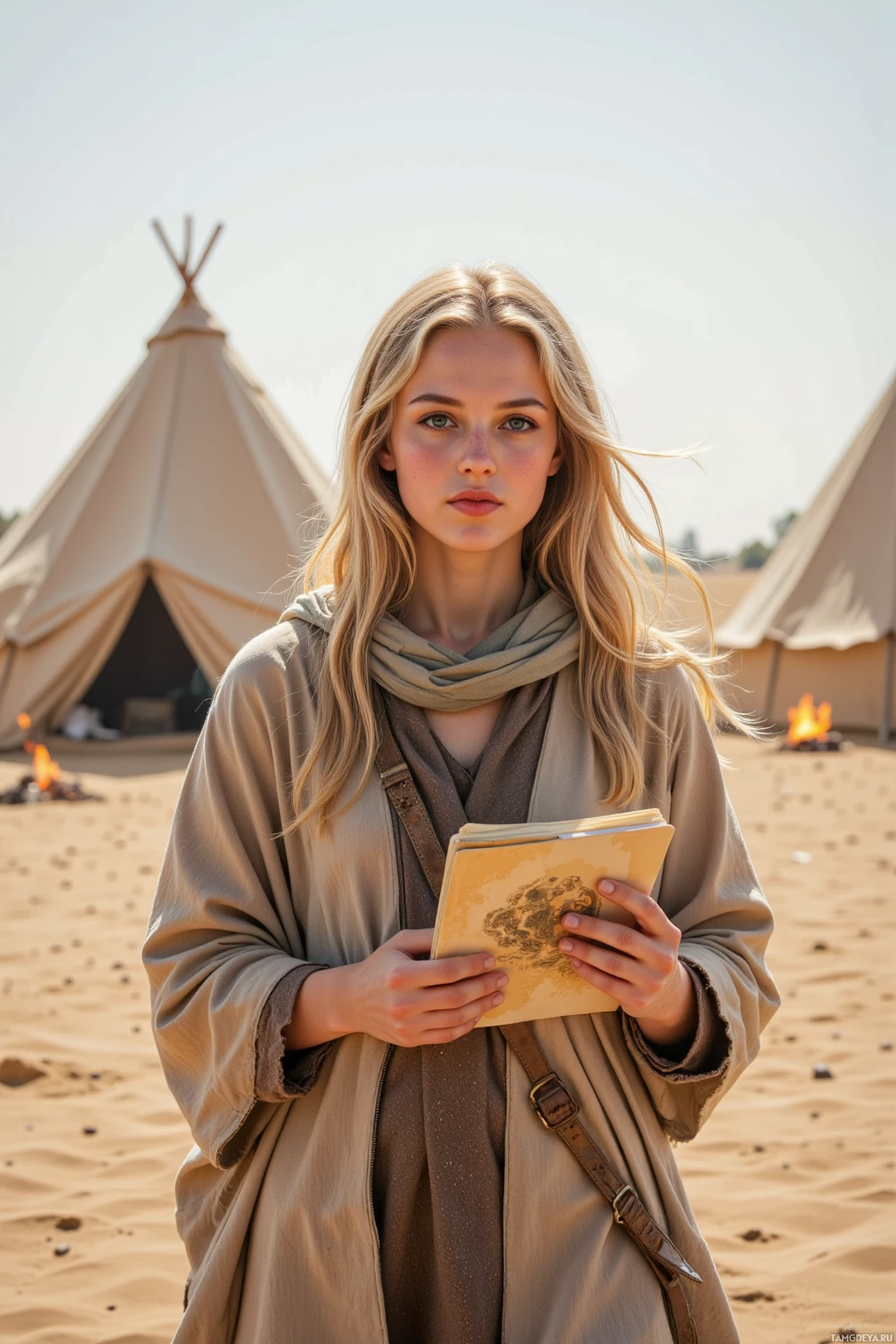 A woman stands in a desert setting, holding a book, with tents and a campfire in the background.