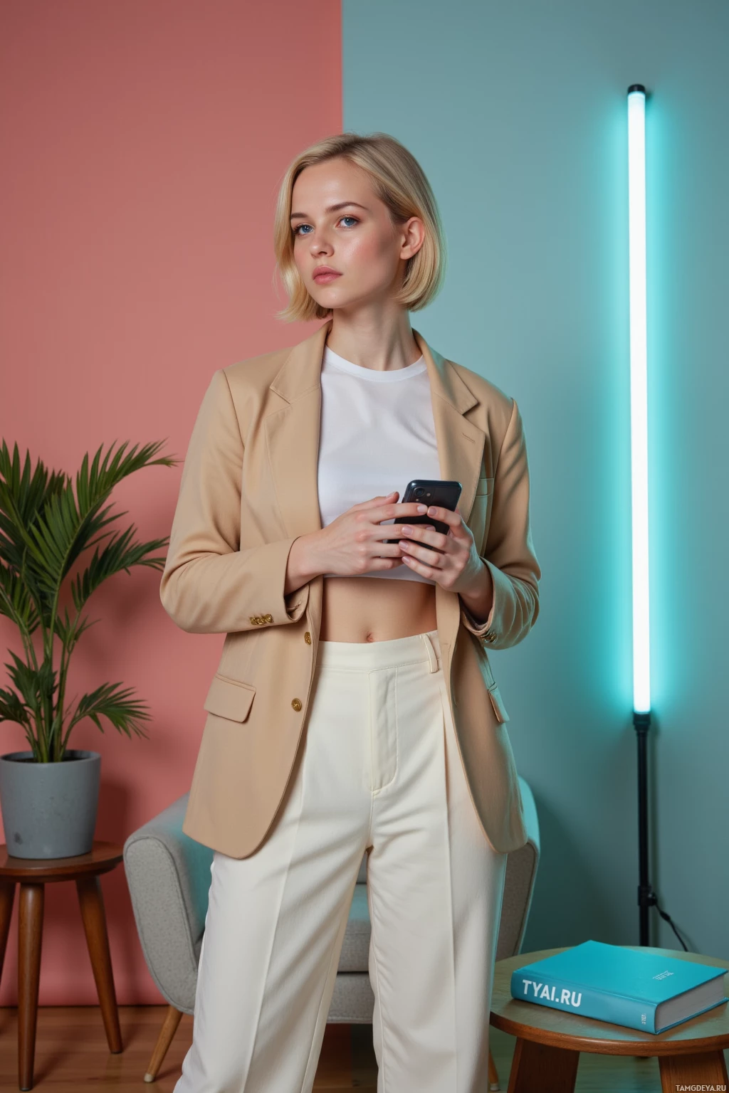 A woman in a beige blazer and white pants stands in a room with colorful walls, holding a phone.