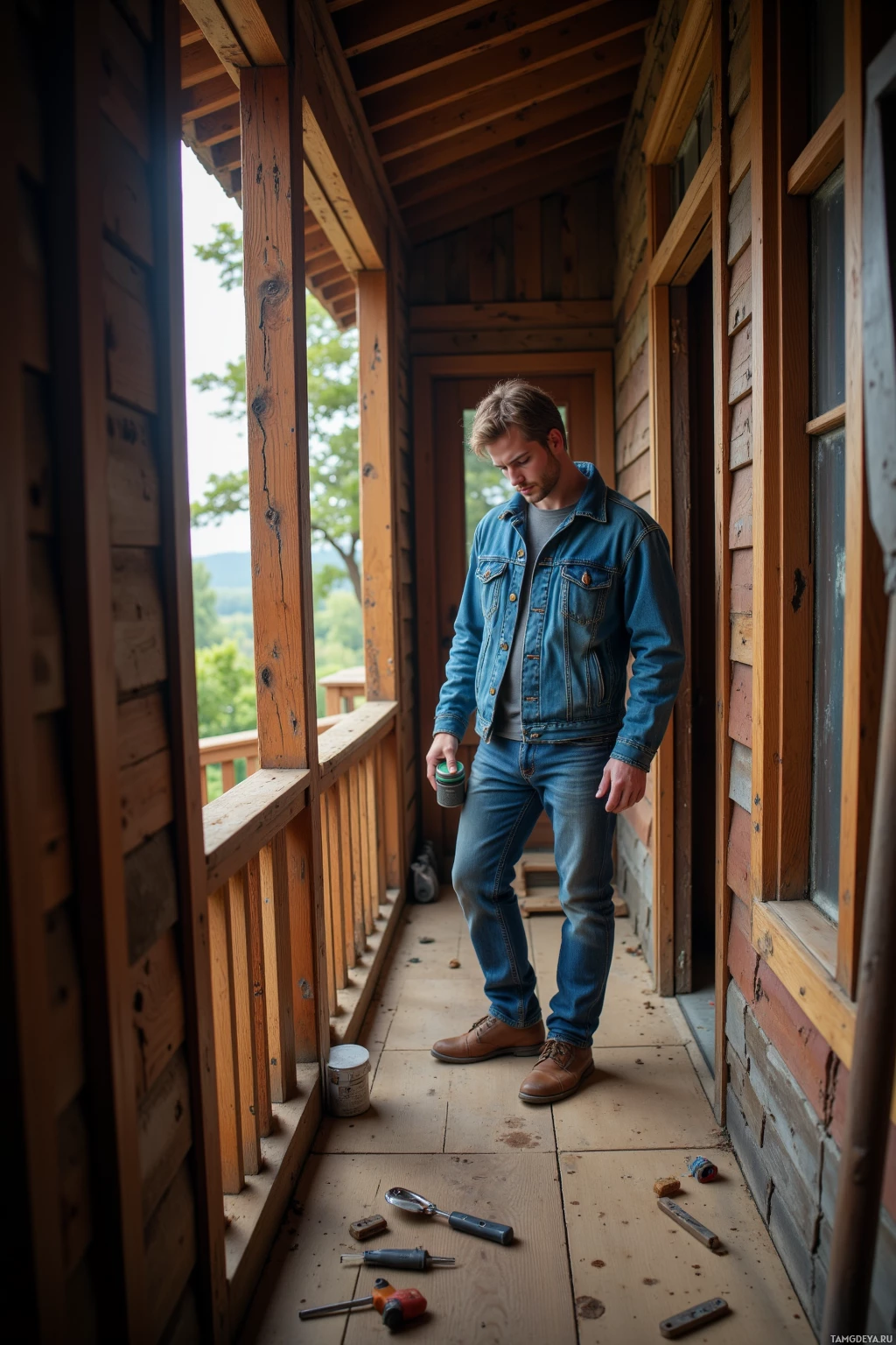 A man stands on a wooden porch holding a small container, surrounded by scattered tools.