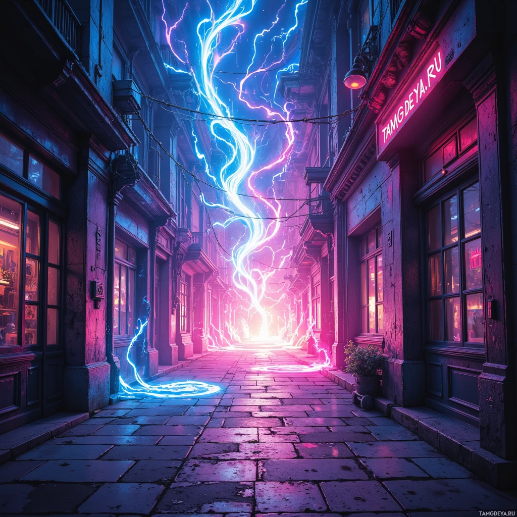 A vibrant alleyway with glowing neon lights and electric energy flowing through the air.
