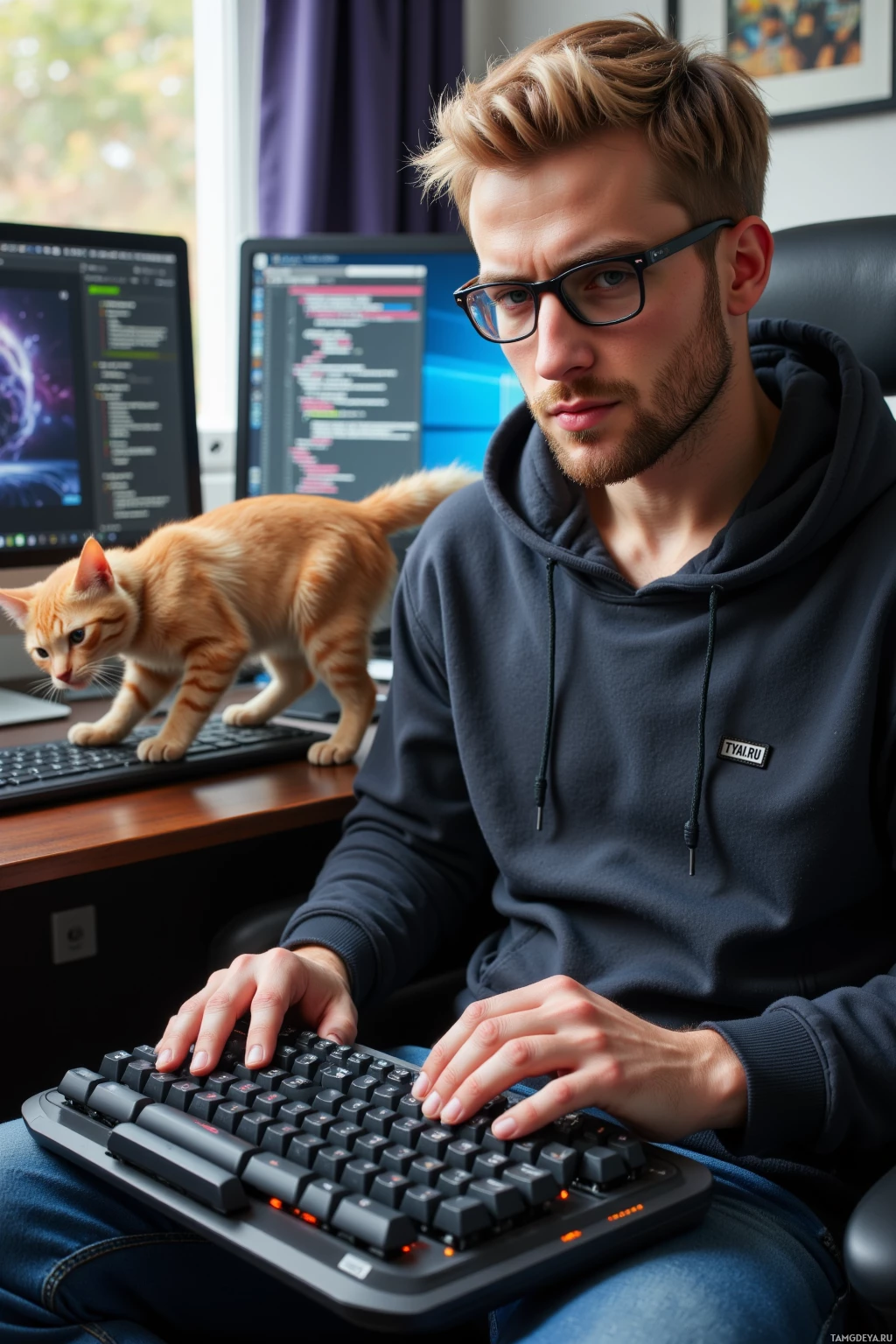 A person wearing glasses and a hoodie is sitting at a desk with a cat on the keyboard, working on a computer.