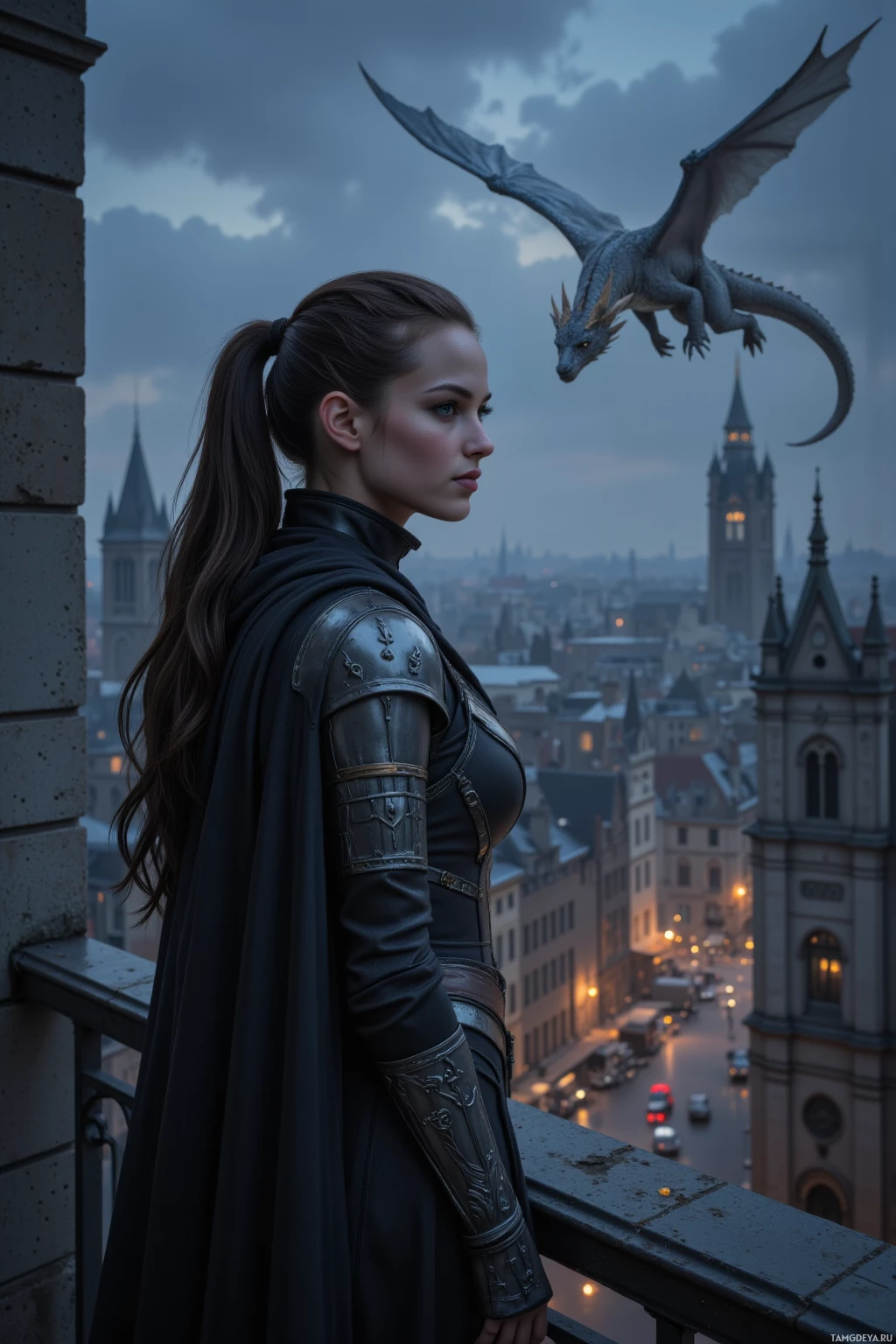 A woman in armor stands on a rooftop overlooking a cityscape, with a dragon flying overhead.