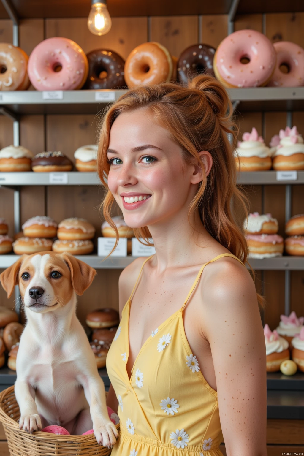 A woman in a yellow dress stands in front of a display of donuts with a small dog in a basket beside her.