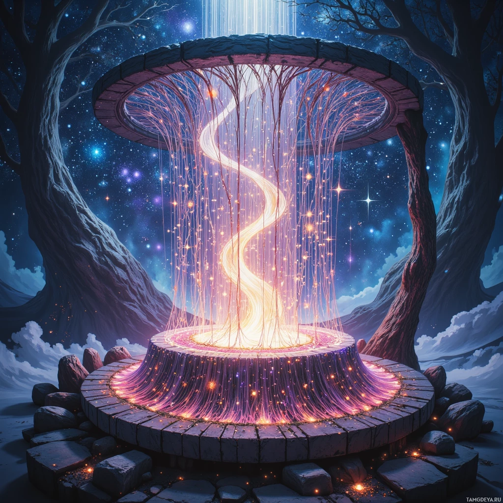 A mystical portal with glowing strings and a starry night sky in the background.