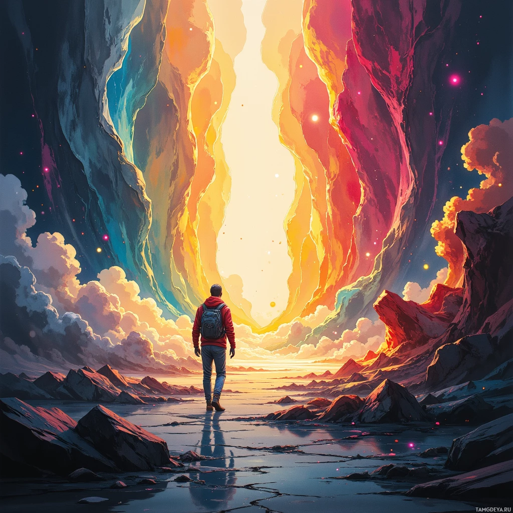 A lone figure stands at the edge of a vast, colorful landscape, gazing towards a bright horizon.