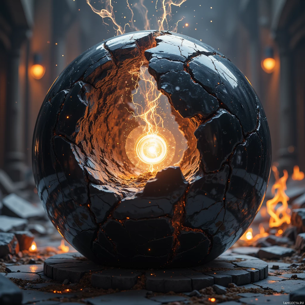 A cracked, glowing sphere emitting light and energy, set against a dark, fiery background.