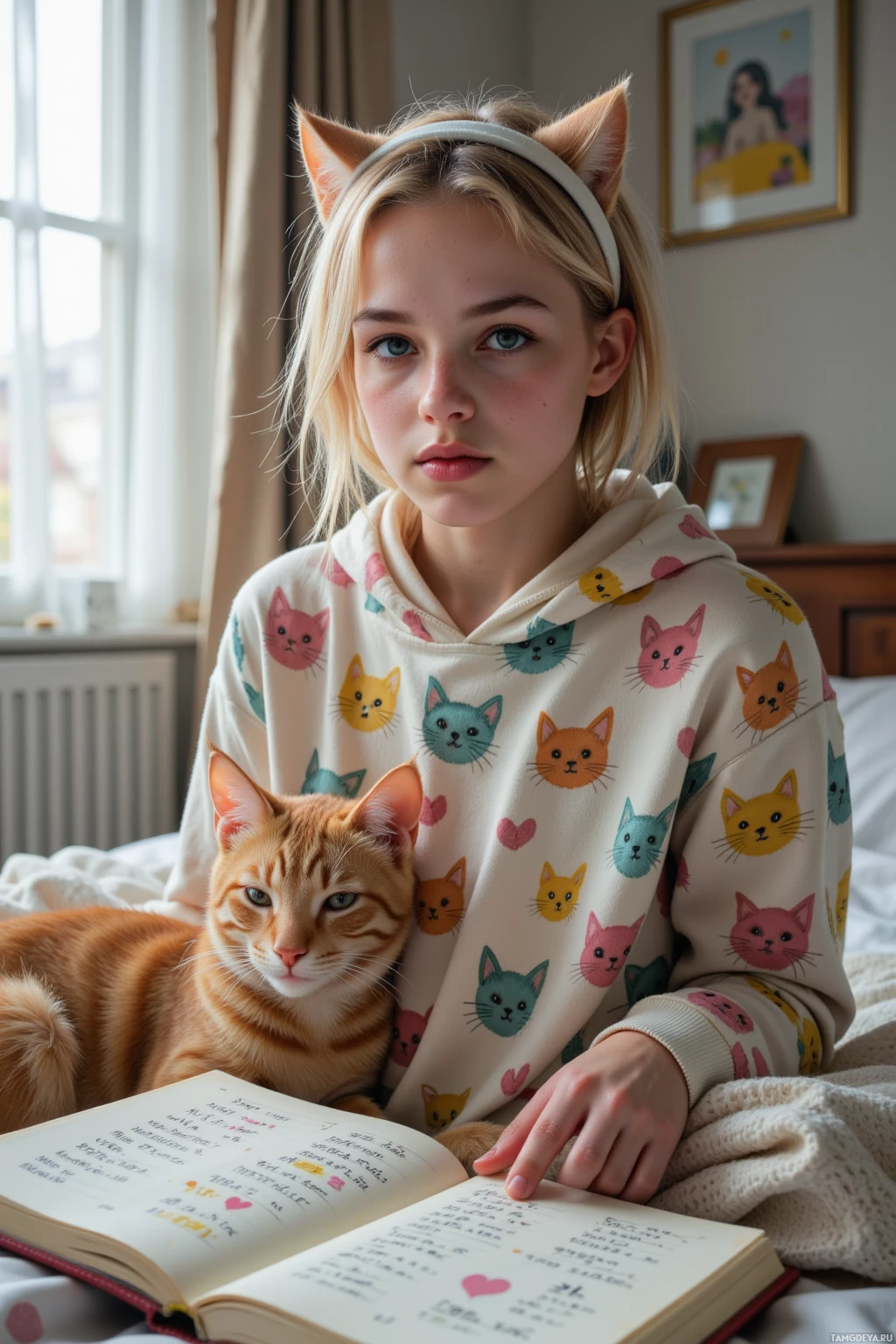 A young person wearing a cat-themed hoodie and cat ears, sitting on a bed with a cat, reading a book.