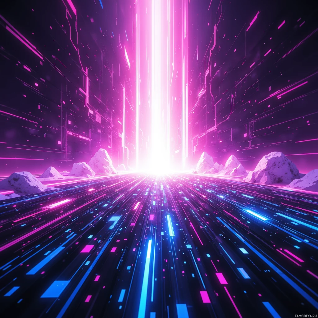 A futuristic, neon-lit landscape with glowing lines and structures.