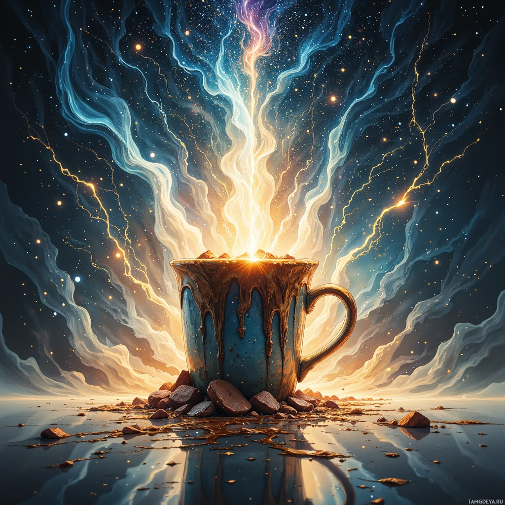 A glowing, cosmic cup emits radiant energy against a starry sky backdrop.