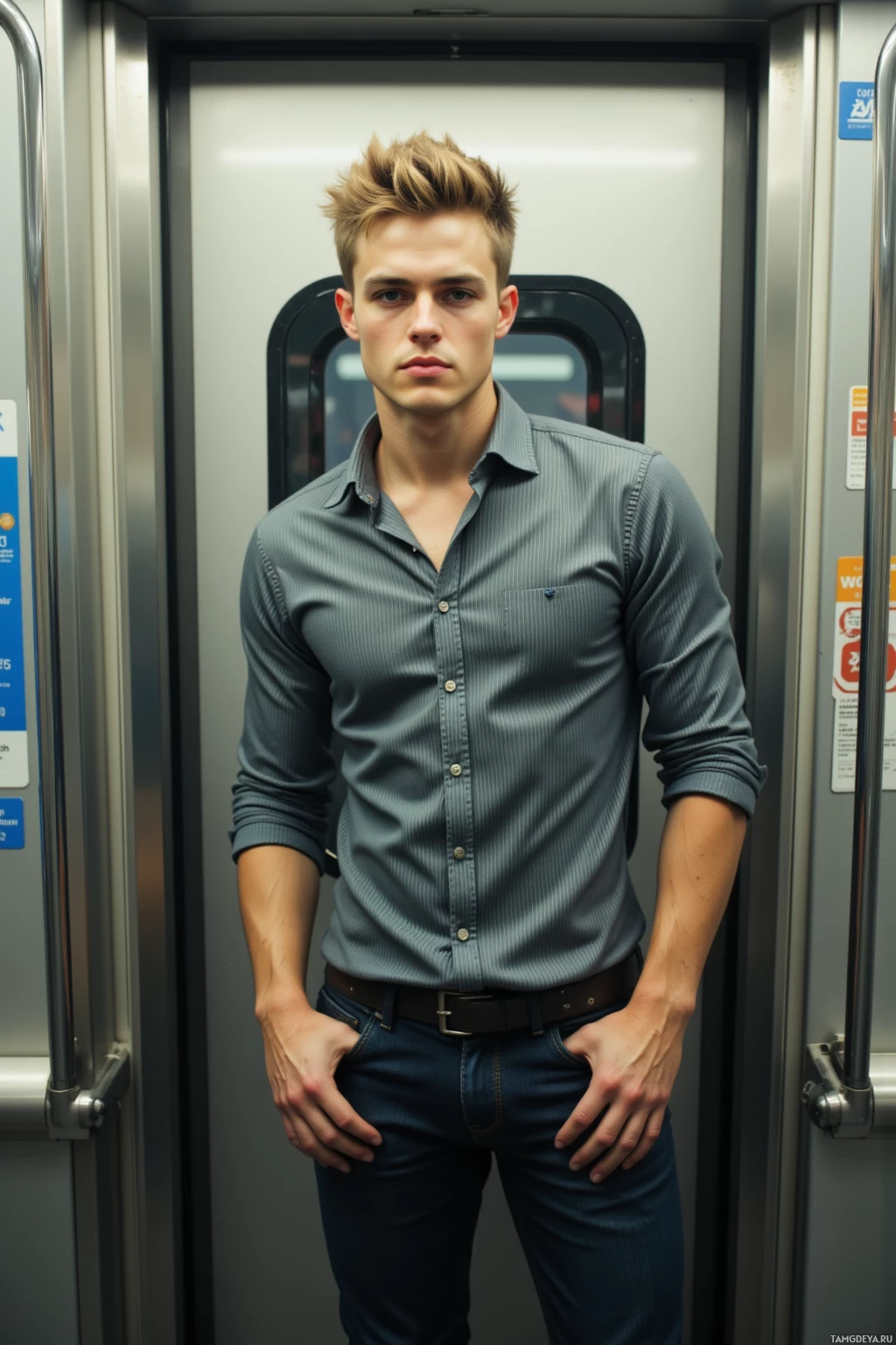 A person stands in a subway car, wearing a button-up shirt and jeans.