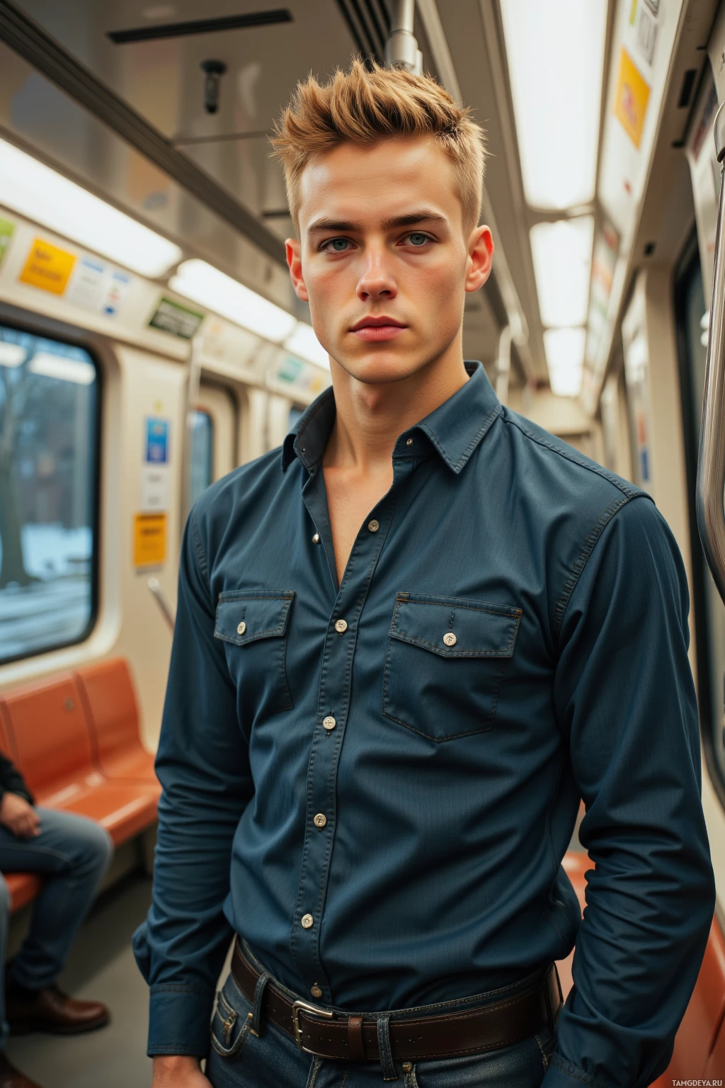 A young man stands on a subway train wearing a blue button-up shirt and jeans.
